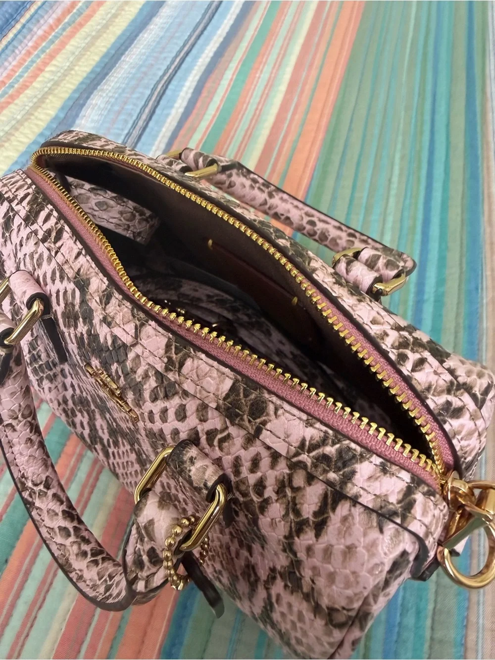 Coach Pink Snakeskin-Print Mini Rowan Satchel with Gold Hardware